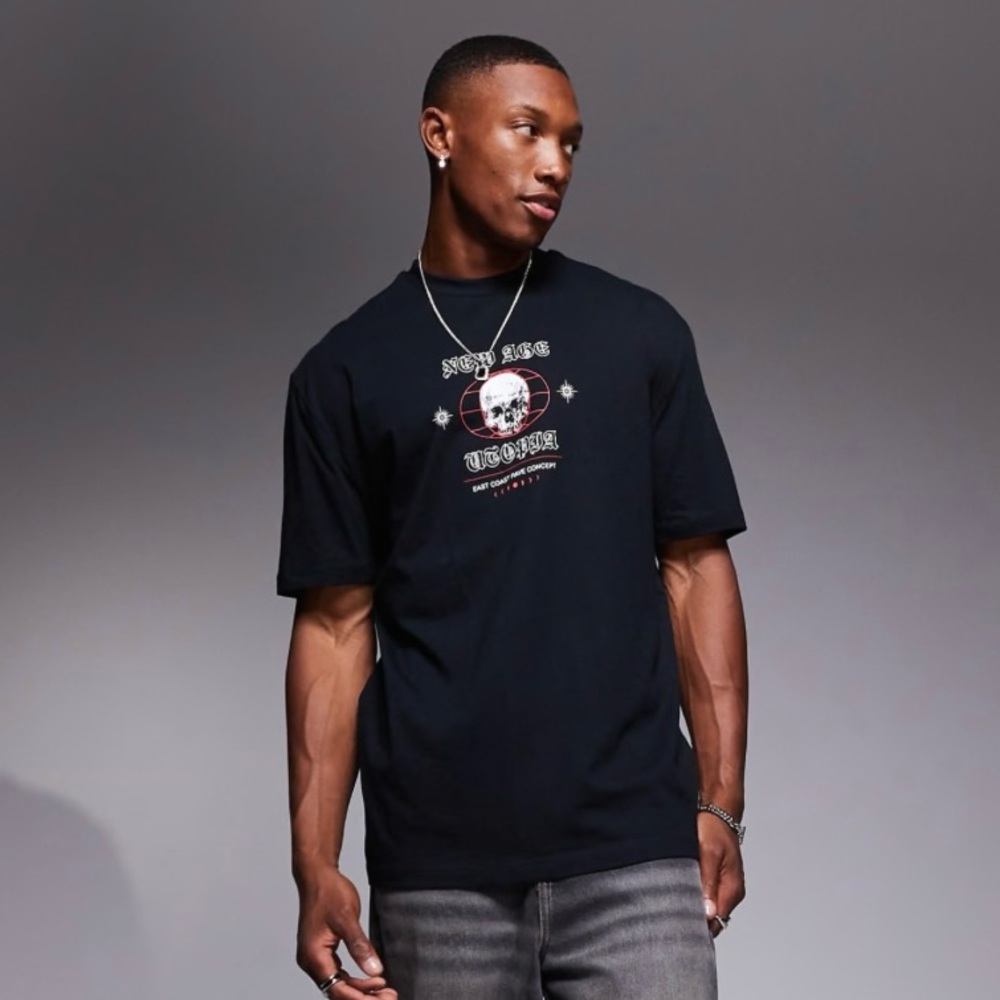 ASOS DESIGN relaxed t-shirt in black with skull chest print - Medium